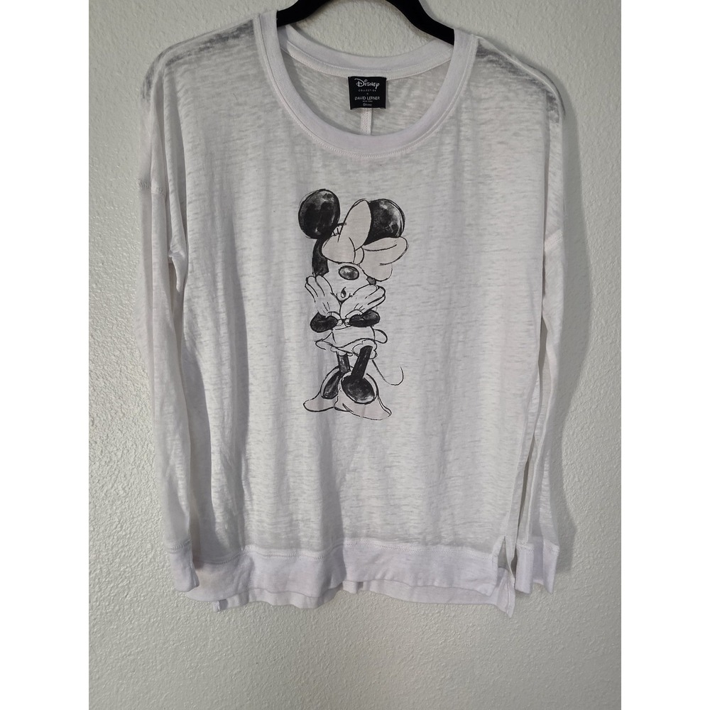 David Lerner Minnie Mouse Long Sleeve Graphic Crew Neck T-Shirt White Tee Top